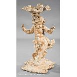Large Antique Italian Carved Pine Putto Pedestal, shell carved basin above an articulated figure