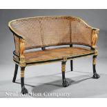 Pair of Neoclassical-Style Verde Antico and Parcel-Gilt Caned Settees, rounded backs, scrolled arms,