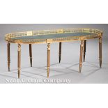 Large Empire-Style Bronze Low Table, galleried mirrored top, reeded legs surmounted by classical