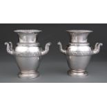 Pair of French Silverplate Wine Coolers in the Classical Taste, urn form with scroll handles and