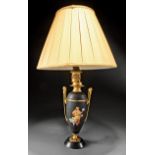 Antique French Neo-Grec Bronze-Mounted Porcelain Carcel Lamp, figural handles, matte black ground,