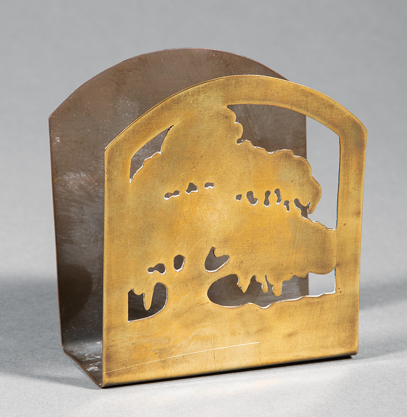 Newcomb College Pierced Brass Letter Holder, c. 1930, by Rosalie Roos Weiner (1899-1982), cut with a