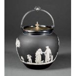 Wedgwood Black and White Jasperware Biscuit Jar, marked, with silverplate handle and lid, h. 6 1/2