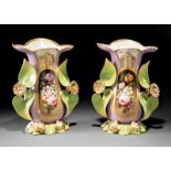 Pair of Paris Porcelain Mantel Vases, mid-19th c., mauve ground with polychrome and gilt decoration,