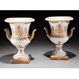 Pair of Neoclassical-Style Porcelain Campagna Urns, Chelsea House, gilt palmette decoration, h. 10