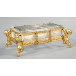 French Bronze-Mounted Engraved Glass Dresser Box, 20th c., putto-form legs, h. 3 1/4 in., w. 8 1/4