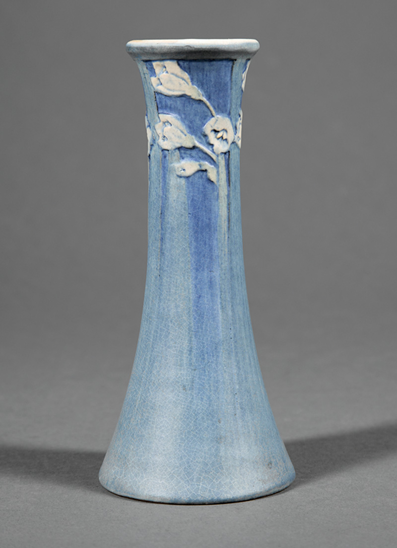 Newcomb College Art Pottery Vase, 1919, decorator unknown, trumpet form modeled with relief-carved