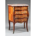 Fine Louis XV/XVI-Style Bronze-Mounted Parquetry Petite Commode, 19th c., serpentine rouge marble