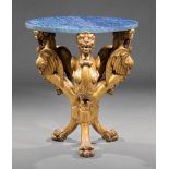 Continental Carved Giltwood Gueridon, probably 19th c., associated lapis lazuli veneered top,