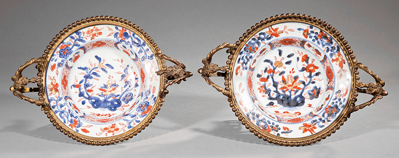 Pair of Bronze-Mounted Chinese Export Imari Porcelain Bowls, 19th c., decorated with rocks and - Image 2 of 3