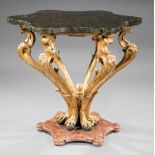 Continental Carved Giltwood Center Table, 18th c. and later, later antique faux marbre top, carved