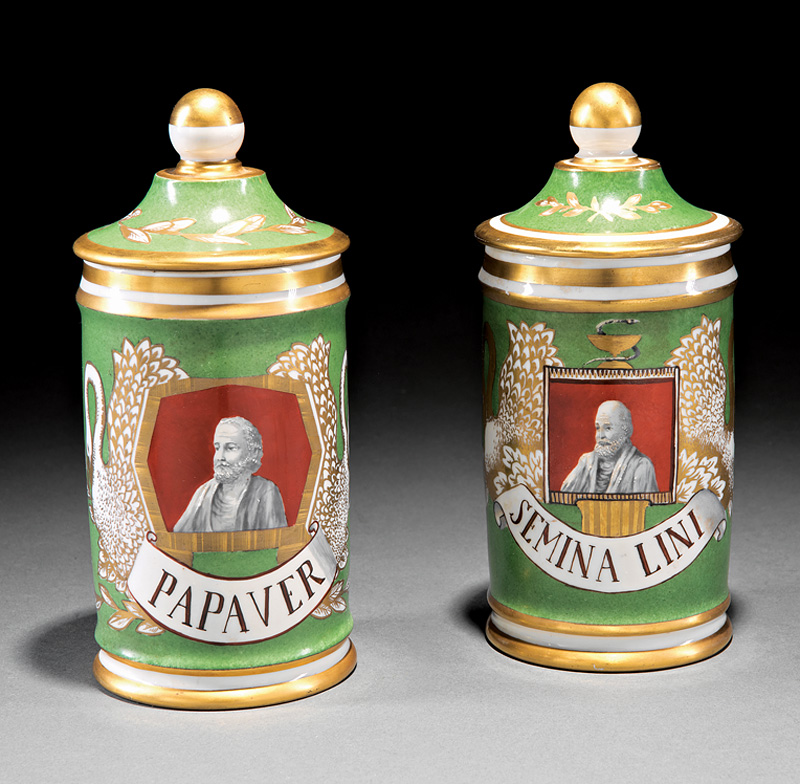 Pair of Paris Porcelain Green and Gilt Apothecary Jars, 19th c., portrait reserves, labeled "