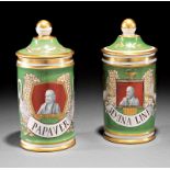 Pair of Paris Porcelain Green and Gilt Apothecary Jars, 19th c., portrait reserves, labeled "
