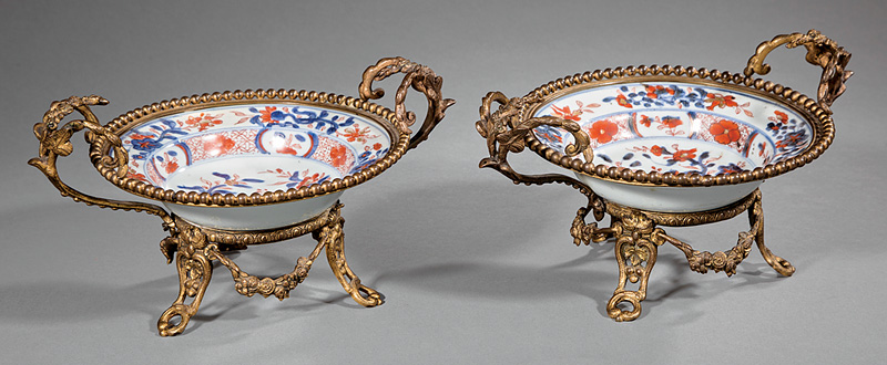 Pair of Bronze-Mounted Chinese Export Imari Porcelain Bowls, 19th c., decorated with rocks and