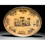 Antique Tole Peinte Oval Tray, with French Colonial stencil vignettes, 15 1/2 in. x 19 1/4 in.