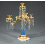 Continental Gilt Metal and Bleu Opaline Glass Four-Light Candelabrum, 19th c., foliate candlecups