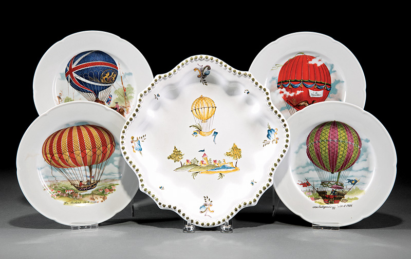 Eight Limoges Porcelain "Balloon" Plates, 20th c., incl. pairs of "bonnin-Mazet", "Fr. Robert", "