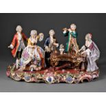 Large Capodimonte Porcelain Group of Musicians, marked, scrolled plateau surmounted by a trio,