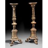 Pair of French Bronze Candlesticks, 18th c., acanthus and turned standards, scroll feet