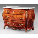 Northern European Bronze-Mounted Parquetry Bombé Commode, 18th c., serpentine marble top, three