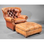 Button-Tufted Brown Leather Club Chair and Ottoman, 20th c., by Ralph Lauren, h. 35 in., w. 39 1/2