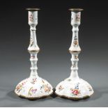 Pair of Battersea Enamel Candlesticks, 19th c., vasiform standard, brass mounts, petal base, h. 11