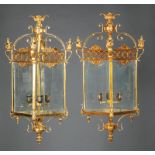 Pair Georgian-Style Gilt Bronze Lanterns, scrolled case, foliate finials, with four-socket