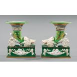 Pair of Sèvres-Style Polychrome Porcelain Rhyton Vases, boar's head terminal, painted with chateau