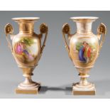 Pair of Paris Porcelain Amphora Vases, 19th c., scroll handles with Classical masks, reserves with