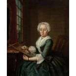 Continental School, mid-18th c., "Portrait of a Woman with Needlework", oil on canvas, unsigned,