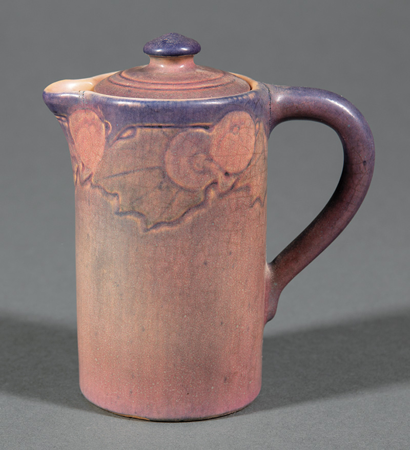 Newcomb College Art Pottery Creamer with Lid, 1912, decorated by Sadie Irvine with relief-carved