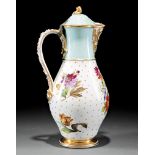 Large Paris Porcelain Covered Wine Jug, mid-19th c., polychrome and gilt floral decoration, broad