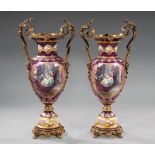 Pair of Monumental Sevres-Style Bronze-Mounted Porcelain Vases, with transfer decorated reserves