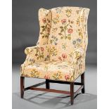 George III Mahogany Wingchair, late 18th c., tall back, scrolled arms, chamfered square tapered