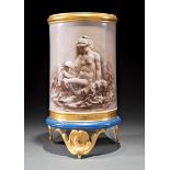 Paris Porcelain Cylindrical Vase, mid-19th c., decorated en grisaille, with Cupid and Psyche on