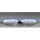 Pair of Chinese Export Blue and White Porcelain Platters, transfer decorated in a variation of the