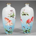 Pair of Japanese Cloisonné Vases, decorated with fish in a lotus pond, h. 7 1/4 in