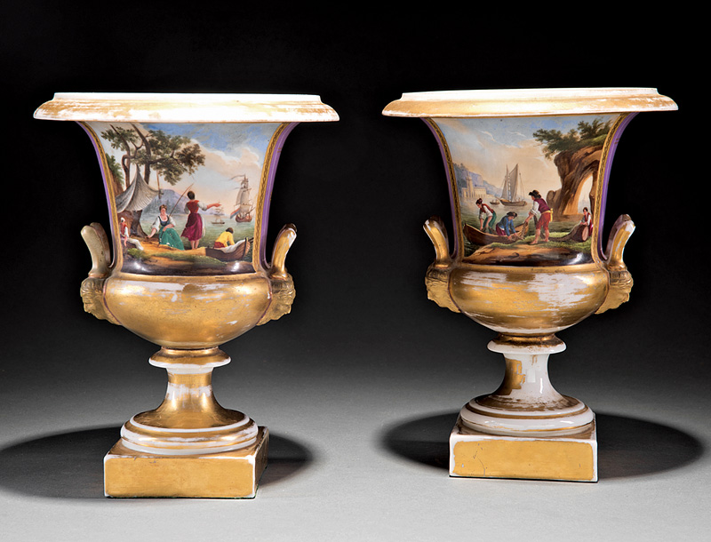 Pair of Paris Porcelain Campagna Urns, mid-19th c., with Italianate landscape reserves, gilt