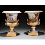 Pair of Paris Porcelain Campagna Urns, mid-19th c., with Italianate landscape reserves, gilt