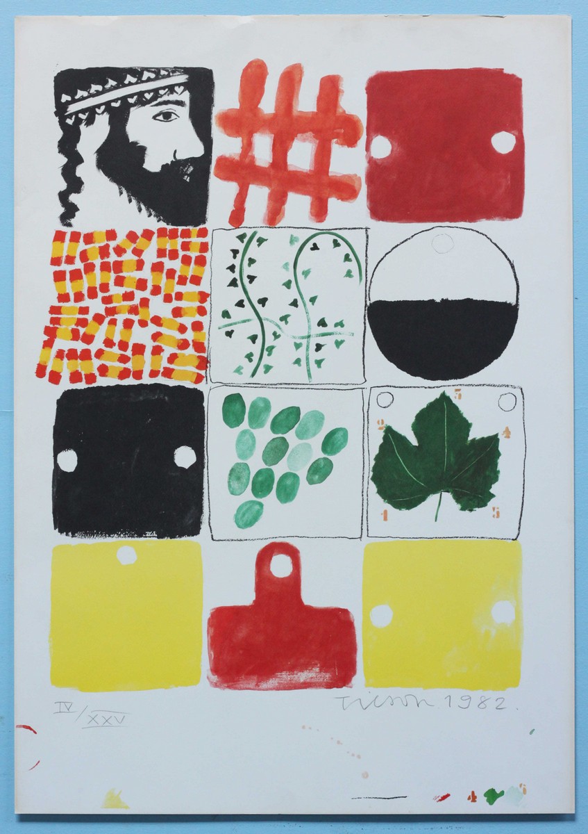 Joe Tilson, RA (b.1928) Unframed abstract study of twelve small prints. Signed and dated '1982' in