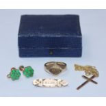 A 9ct gold signet ring, crucifix and chain, 8 grams, together with gold-fronted brooch and a pair of