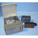 A Vintage Hacker RP35 portable radio, together with a modern Roberts radio and a vintage Decca model