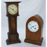A miniature grandfather clock together with another oak cased mantel clock