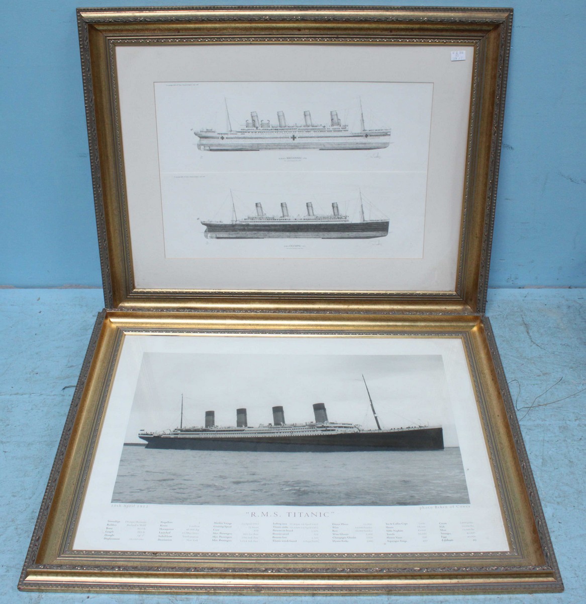 Two large prints of RMS Titanic, a photo Beken of Cowes, and A History of Events, glazed in gilt