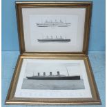 Two large prints of RMS Titanic, a photo Beken of Cowes, and A History of Events, glazed in gilt