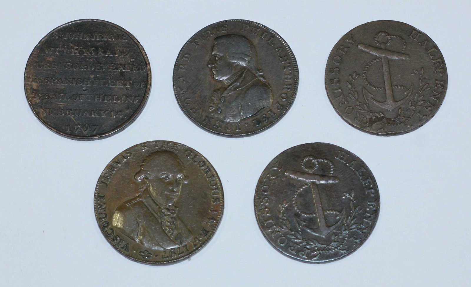 Five 18th Century Copper Halfpenny Provincial Tokens, Portsmouth, Hampshire, John Jarvis, 1797, D&