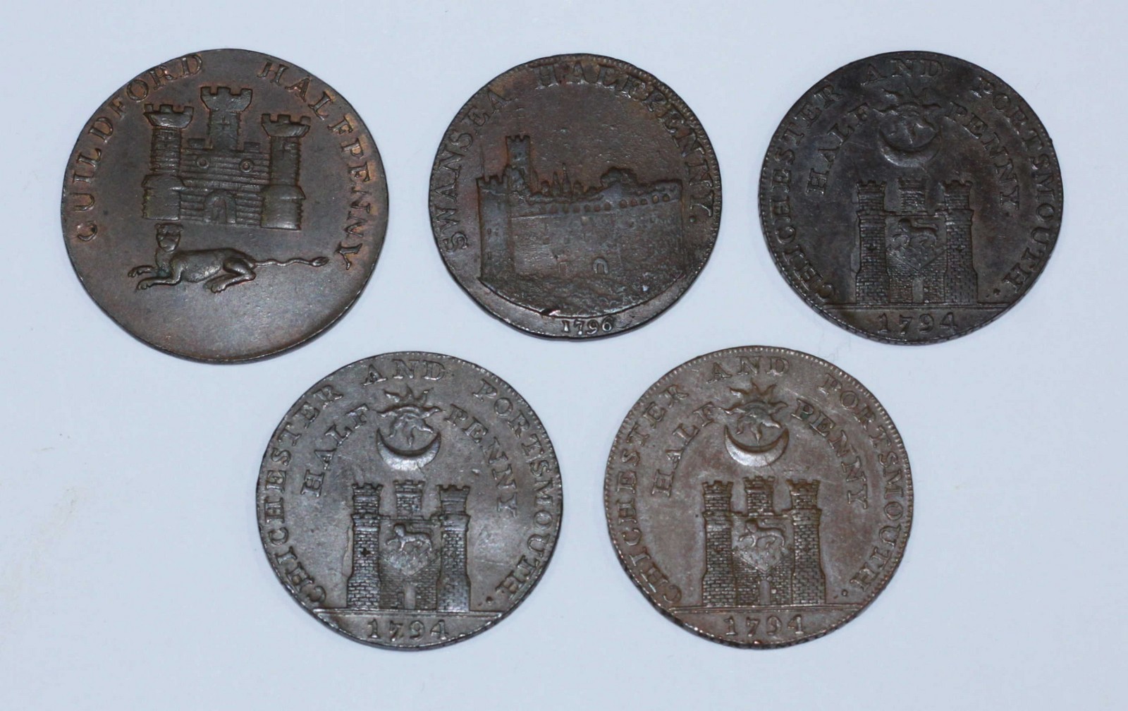 Five 18th Century Copper Halfpenny Provincial Tokens: Guildford, Surry 'Lion Below Castle,' D&H9, (