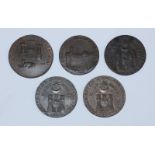 Five 18th Century Copper Halfpenny Provincial Tokens: Guildford, Surry 'Lion Below Castle,' D&H9, (