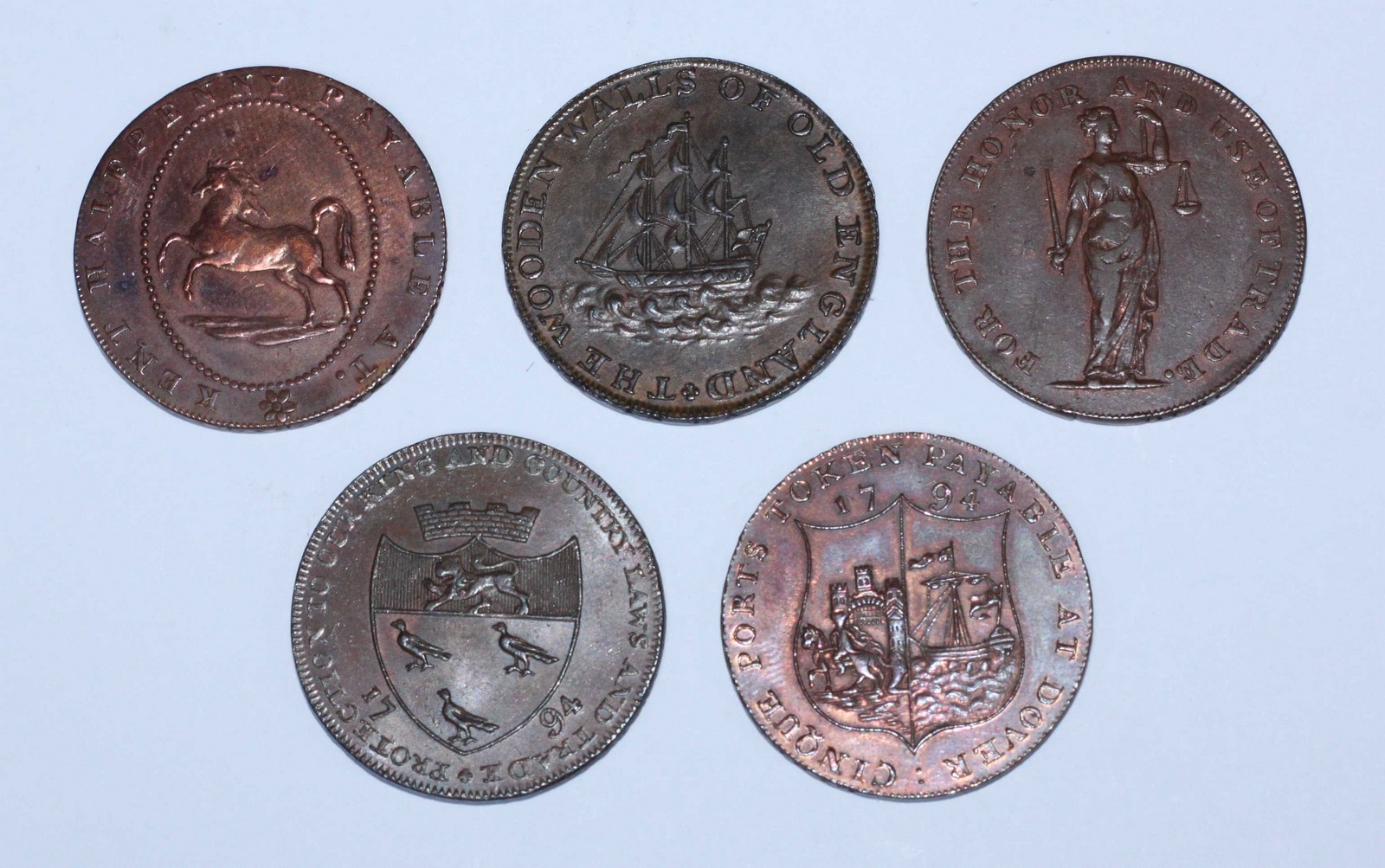 Five 18th Century Copper Halfpenny Provincial Tokens, All Kent: Brookland 'Kentish Horse- Fleece