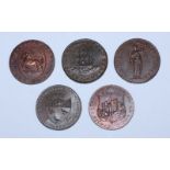 Five 18th Century Copper Halfpenny Provincial Tokens, All Kent: Brookland 'Kentish Horse- Fleece